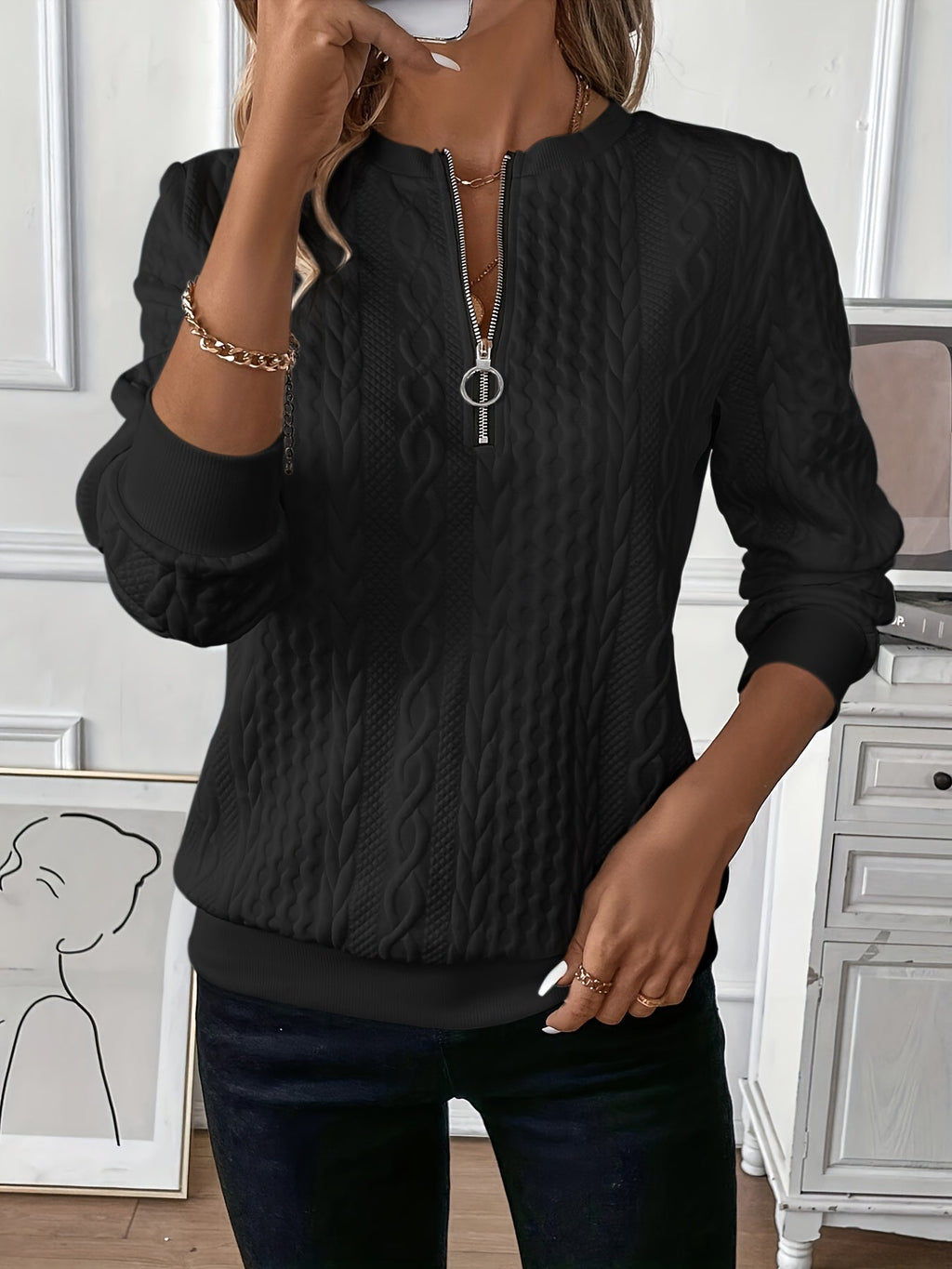 Amalie Zip-Up Cable Knit Sweater